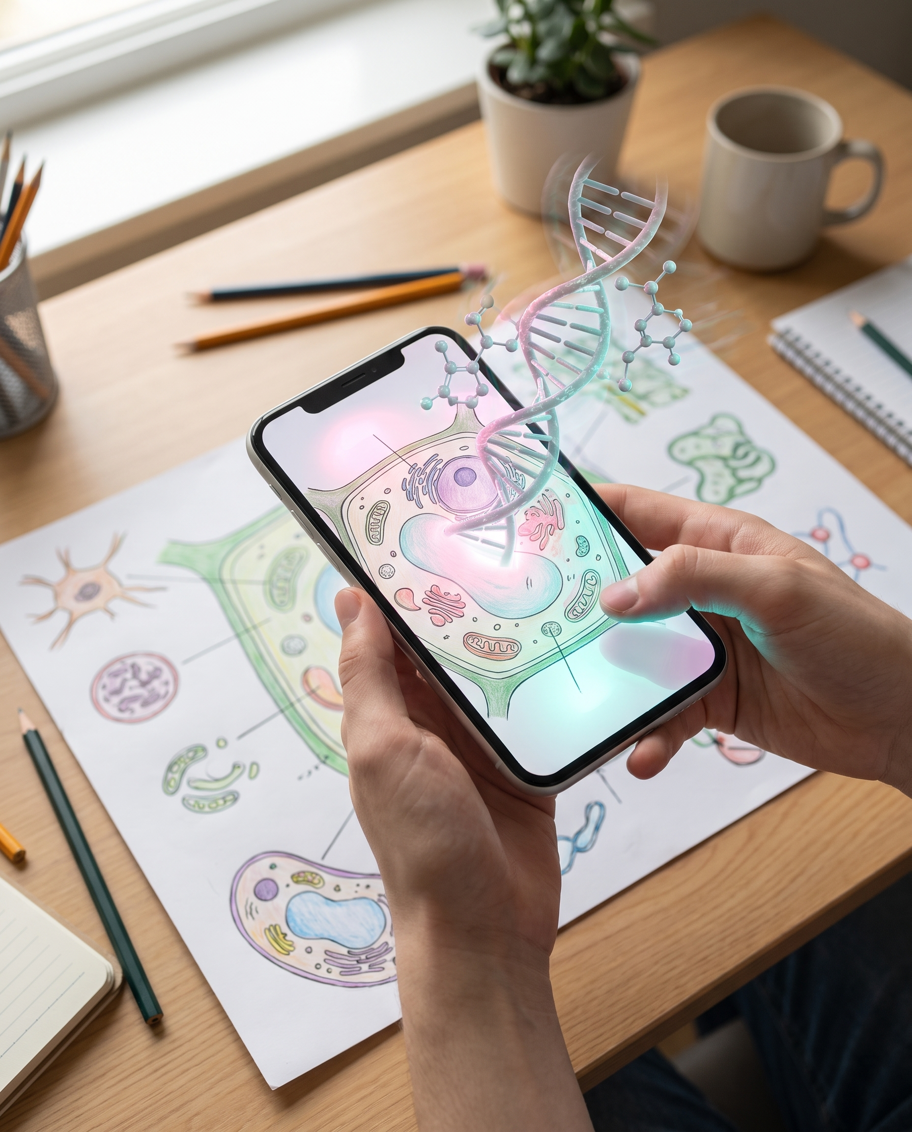 A phone hovers over a student poster and reveals an animated AR science diagram